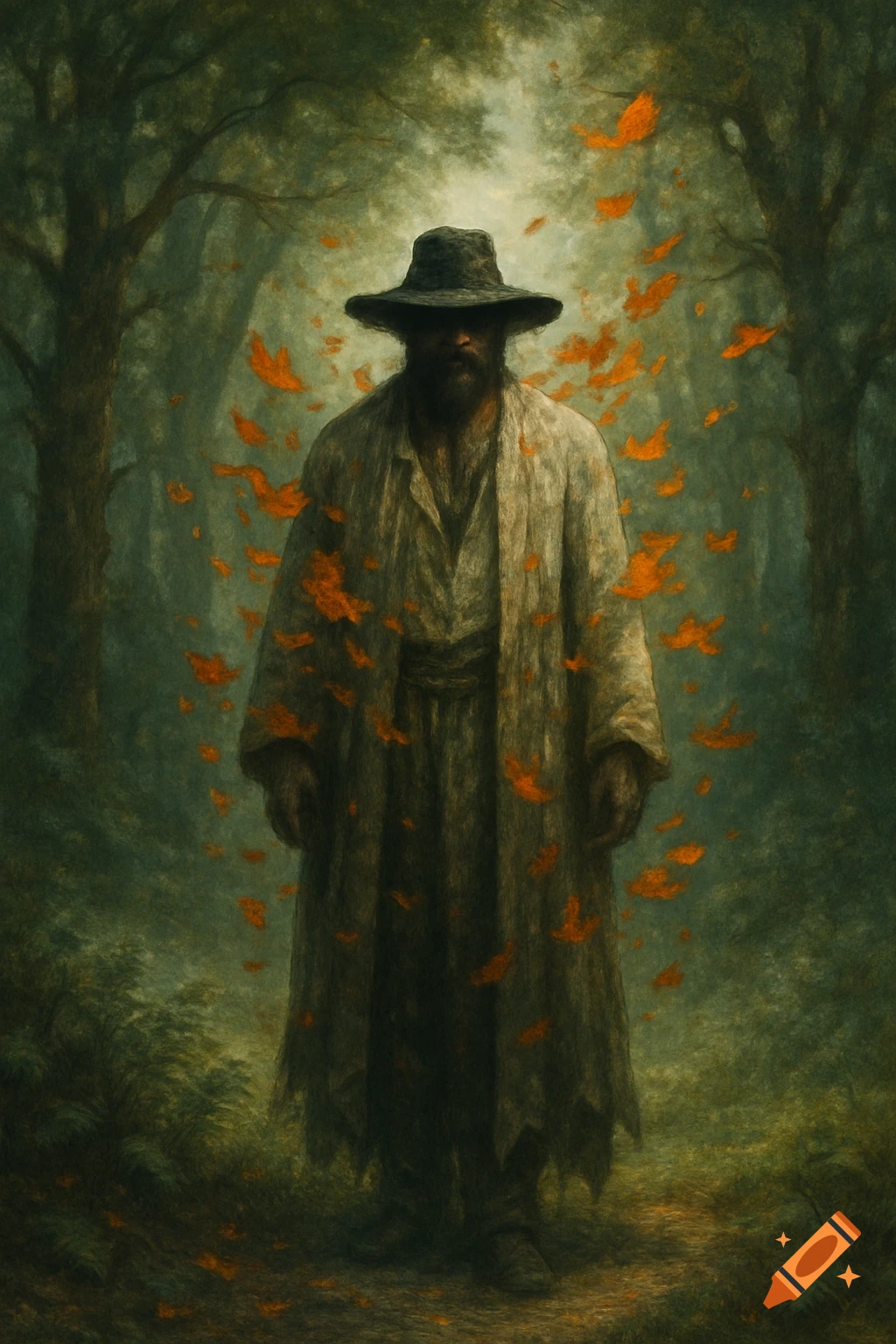 A man in a wide-brimmed hat and tattered coat stands in a dark, misty forest with orange leaves floating around, in a painting style.