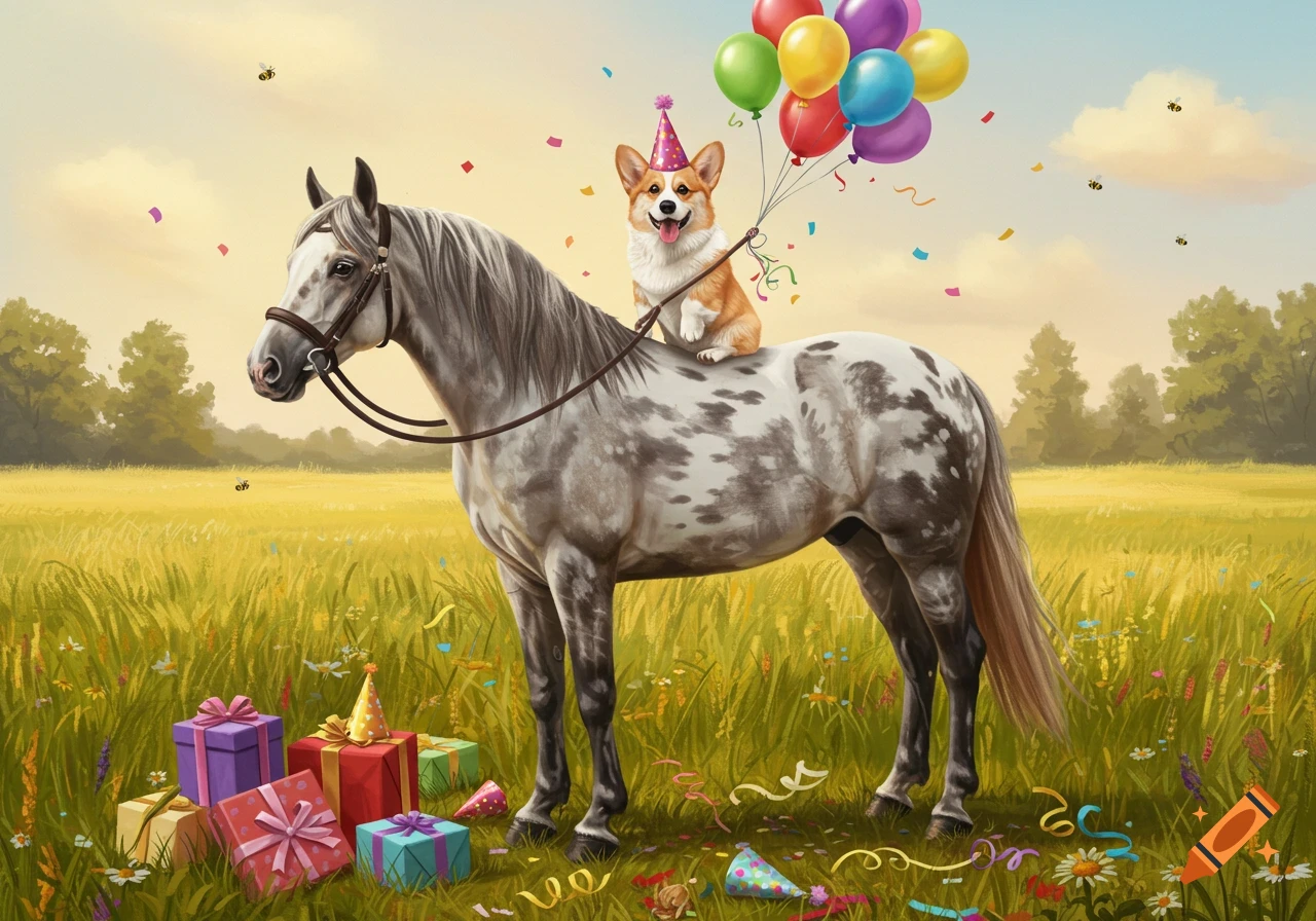 A corgi wearing a birthday hat sits on the back of a dappled grey horse in a grassy field, surrounded by colorful balloons, gifts, and confetti, with trees in the background.