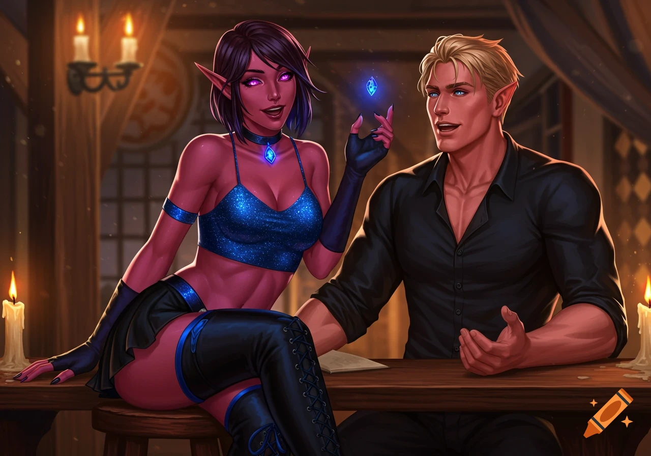 A red-pink skinned female elf in a sparkly blue top flirts with a blonde human man at a tavern table, holding a glowing blue gem.