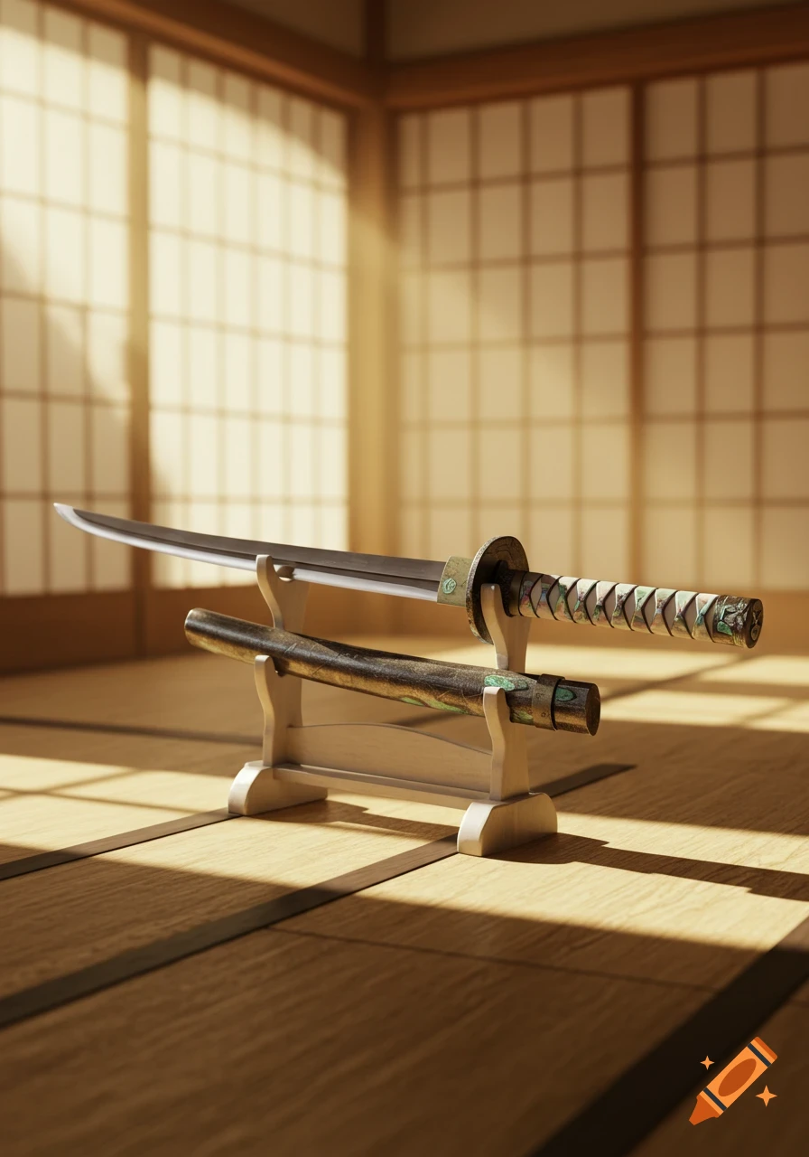 A finely detailed Japanese katana sword and its scabbard resting on a wooden display stand in a sunlit traditional Japanese room.