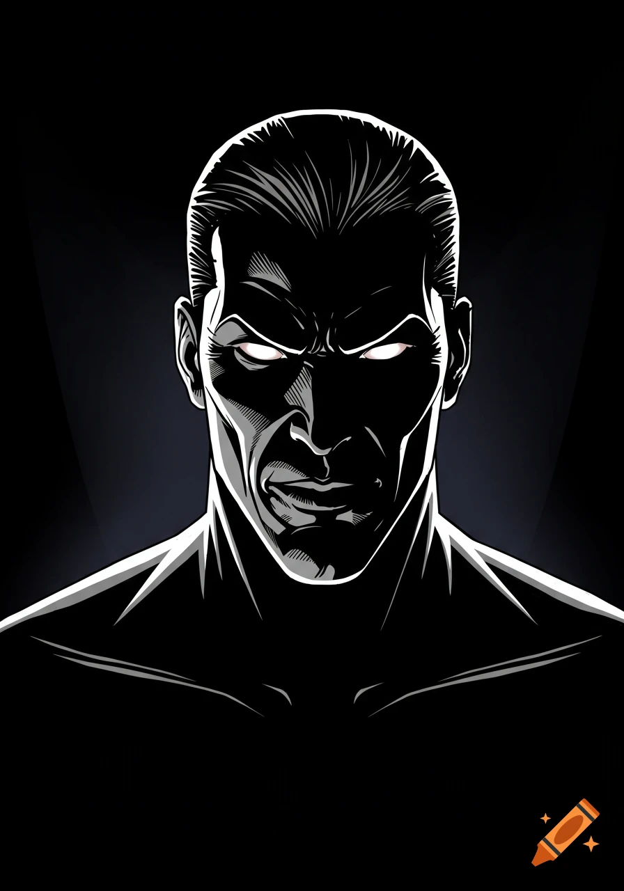 A chest-up comic-book style illustration of a sinister man with glowing eyes, dark shadows, and a moody background.