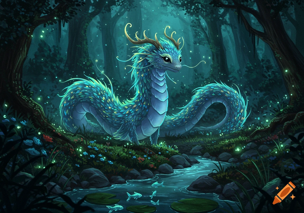 A blue-green feathered dragon with antlers sits in an enchanted forest next to a glowing stream with fish.
