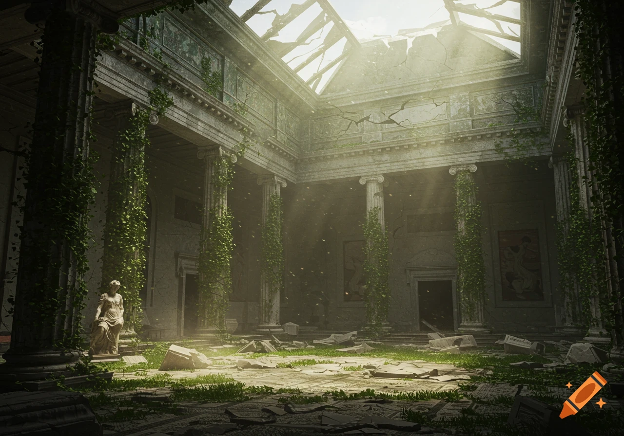 An overgrown, crumbling neoclassical art museum with pillars, a broken roof, and a statue, bathed in sunlight.