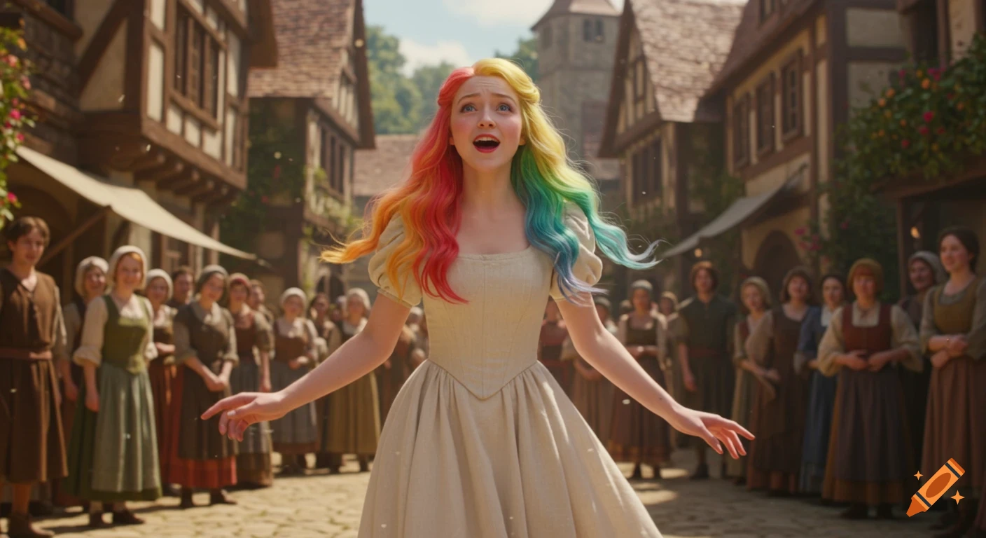 A young woman with long rainbow hair in a white dress sings and dances in a bustling medieval village square.
