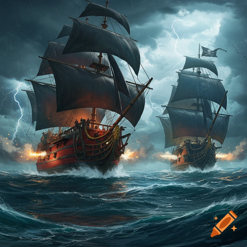 Two pirate ships with black sails battle on a stormy sea under a lightning-filled sky, cannons firing.