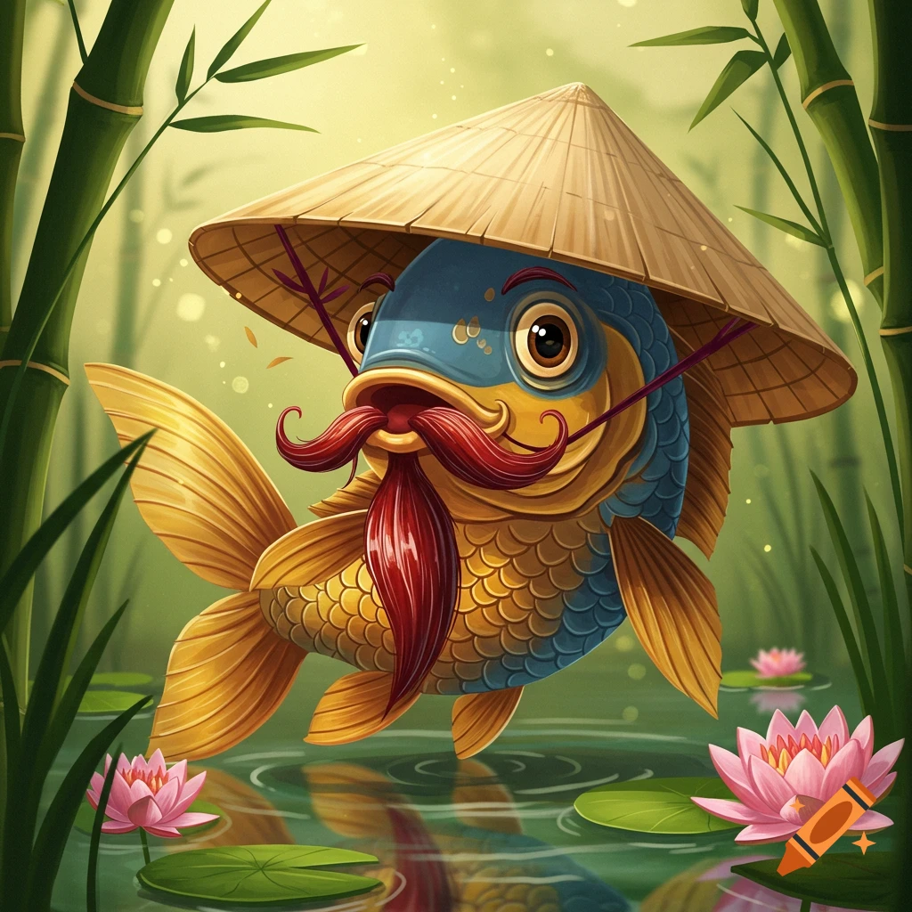 Cartoon carp wearing an Asian conical hat and red mustache swims in a pond with pink lotus flowers and bamboo.