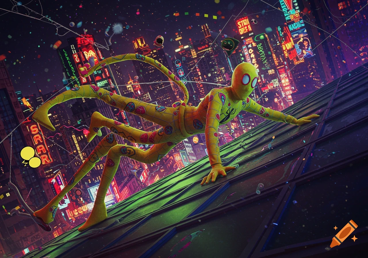A yellow, polka-dotted, multi-limbed Spider-Man-like character crawls up a futuristic skyscraper in a neon-lit city at night.