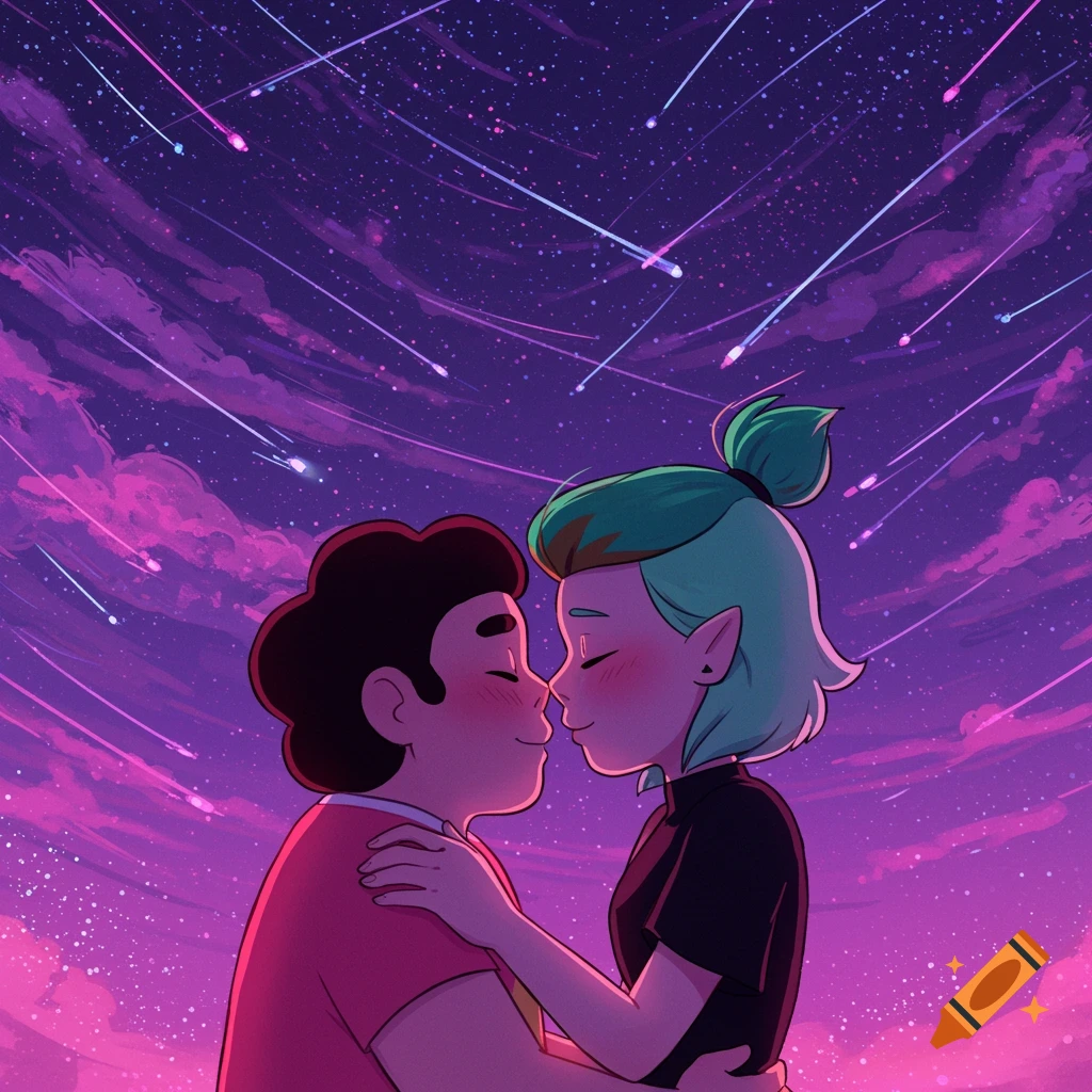 Steven Universe and Amity Blight embracing under a vibrant purple sky with shooting stars, about to kiss, in a cartoon style.