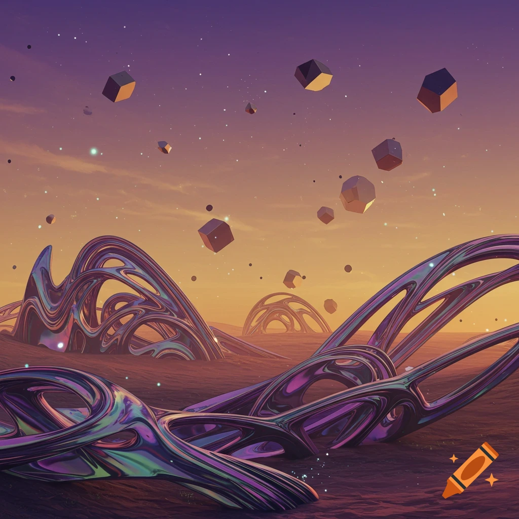 Abstract alien landscape with iridescent organic forms and floating geometric shapes under a purple and orange sky.
