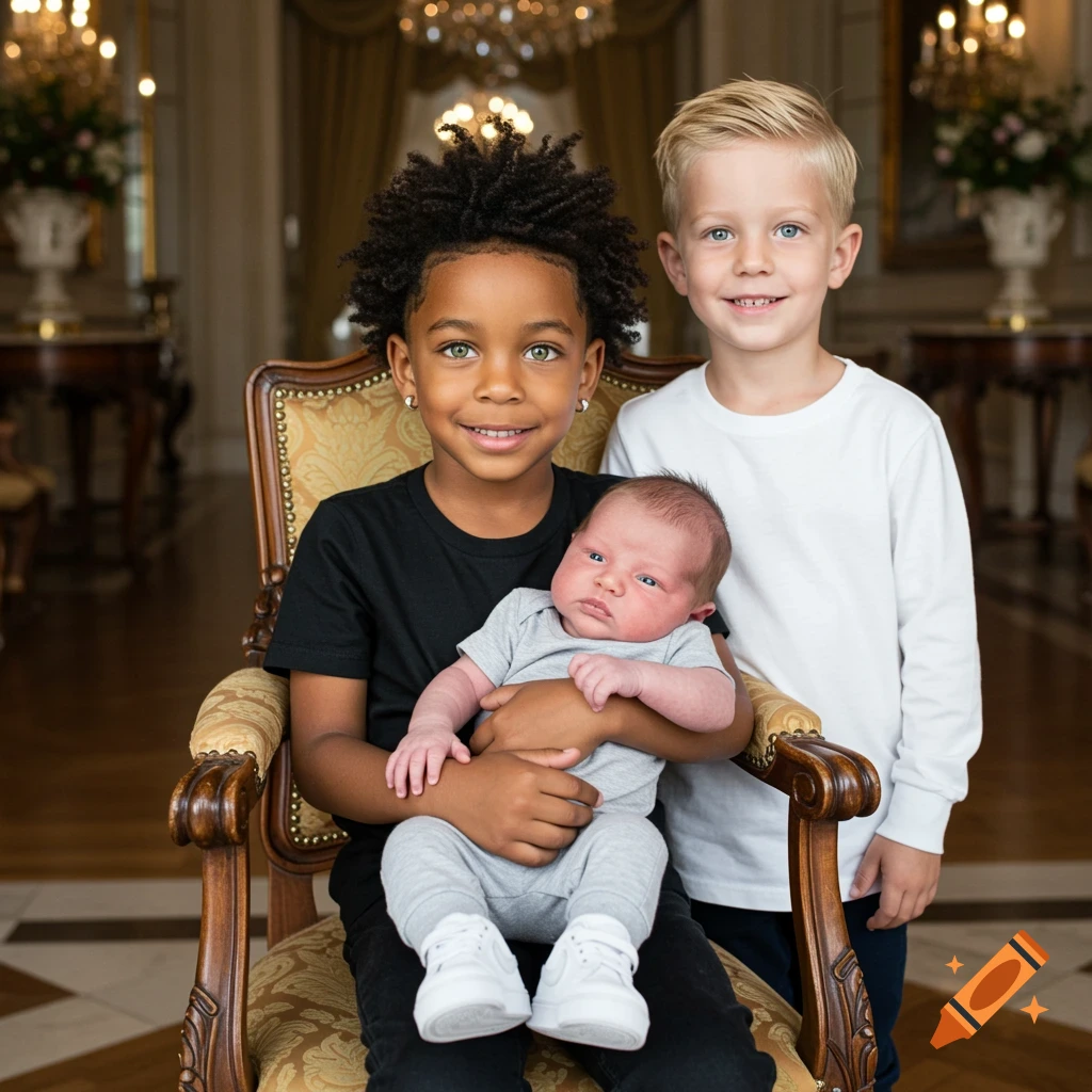 Two young boys and an infant baby posed for a family portrait in an ornate mansion.