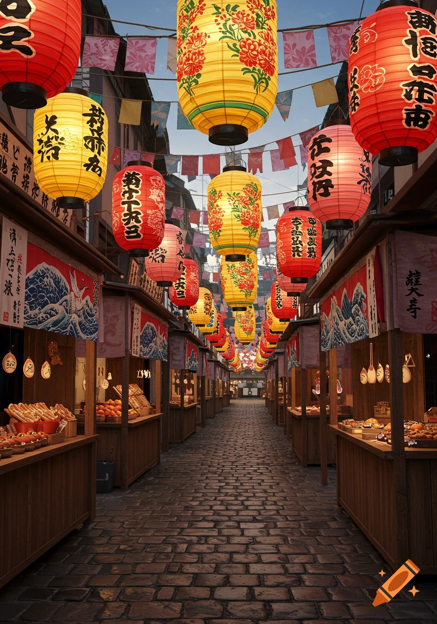 A narrow cobblestone street lined with market stalls, decorated with numerous red and yellow Japanese lanterns and banners.