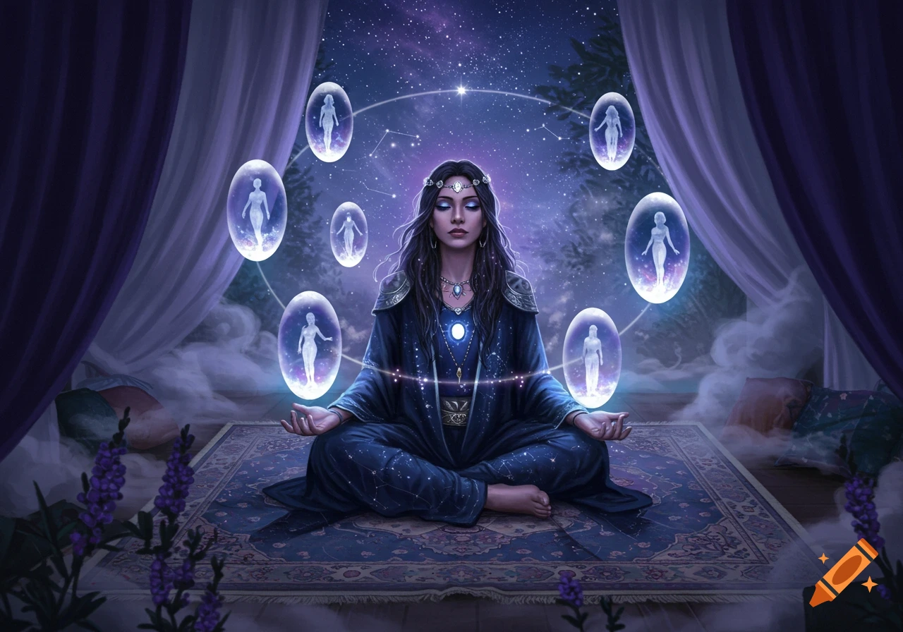 A woman meditates cross-legged, surrounded by glowing orbs containing ethereal figures, under a starry night sky.
