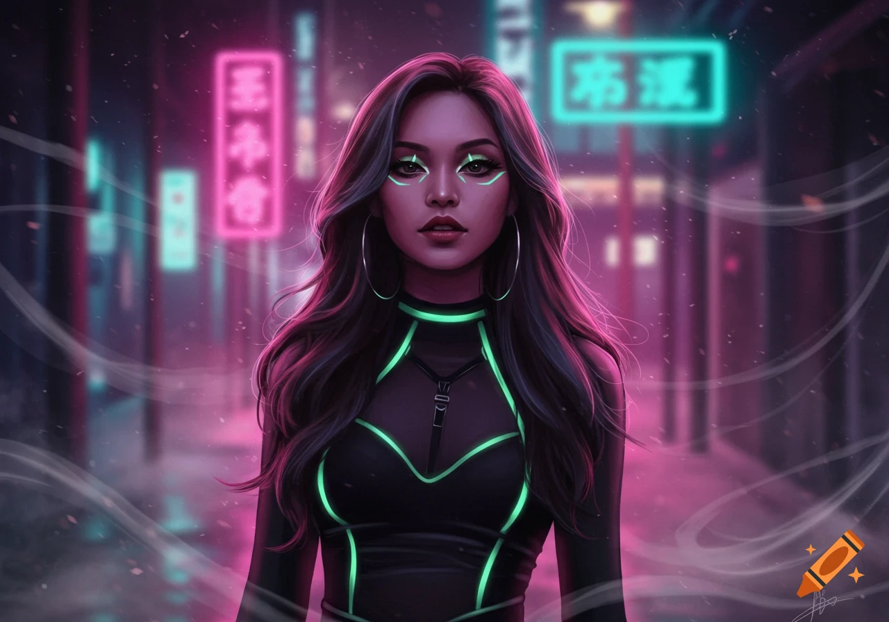 A woman with long dark hair and glowing green makeup in a black top with neon green accents stands in a vibrant, neon-lit cyberpunk city at night, digital art style.
