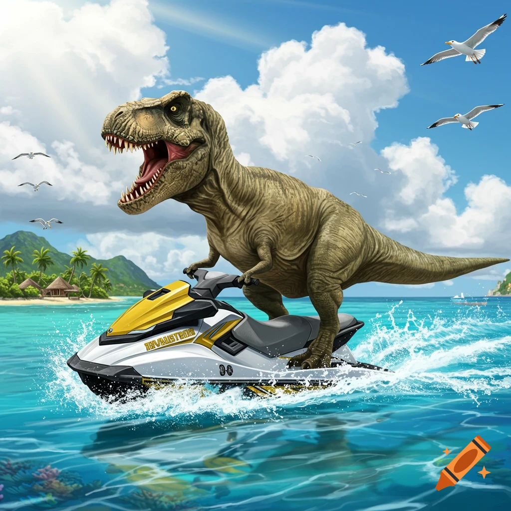 A large realistic Tyrannosaurus Rex rides a yellow and white jet ski through tropical turquoise waters past a beach.