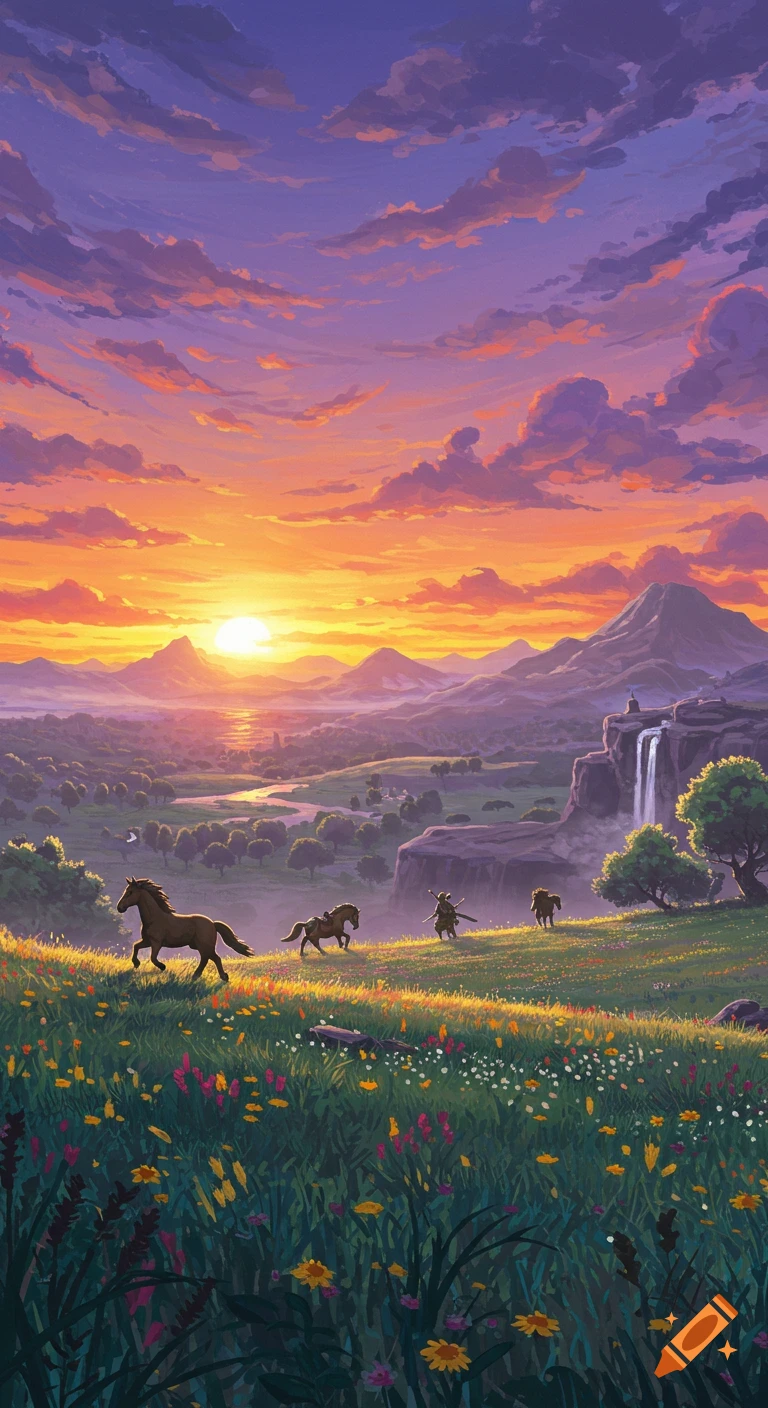 Vibrant fantasy landscape at sunset with rolling hills, mountains, a waterfall, and horses with figures on a wildflower meadow.