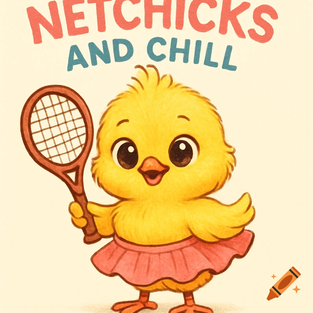 A cute cartoon baby chick wearing a pink skirt and holding a tennis racquet, with 'Netchicks and Chill' text above.