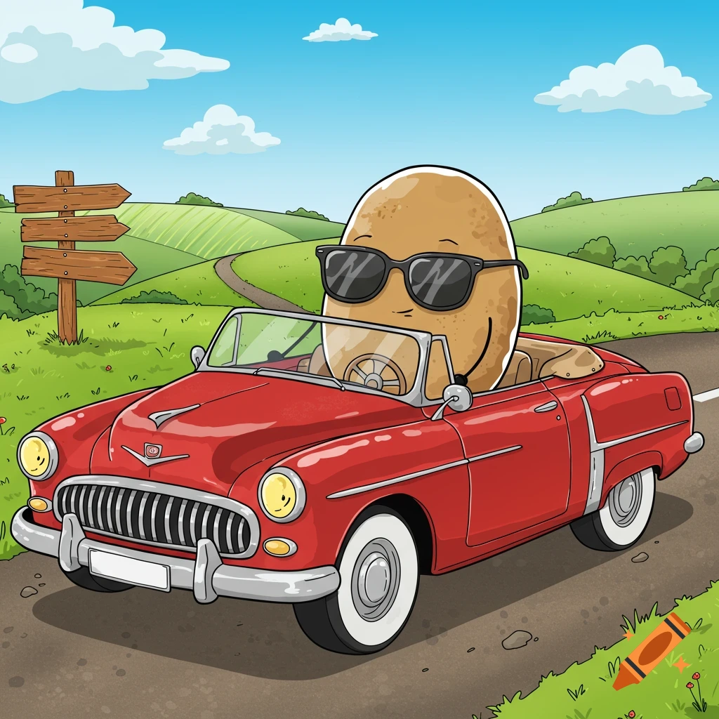 A cool cartoon potato wearing sunglasses drives a red vintage convertible car down a country road past green hills.