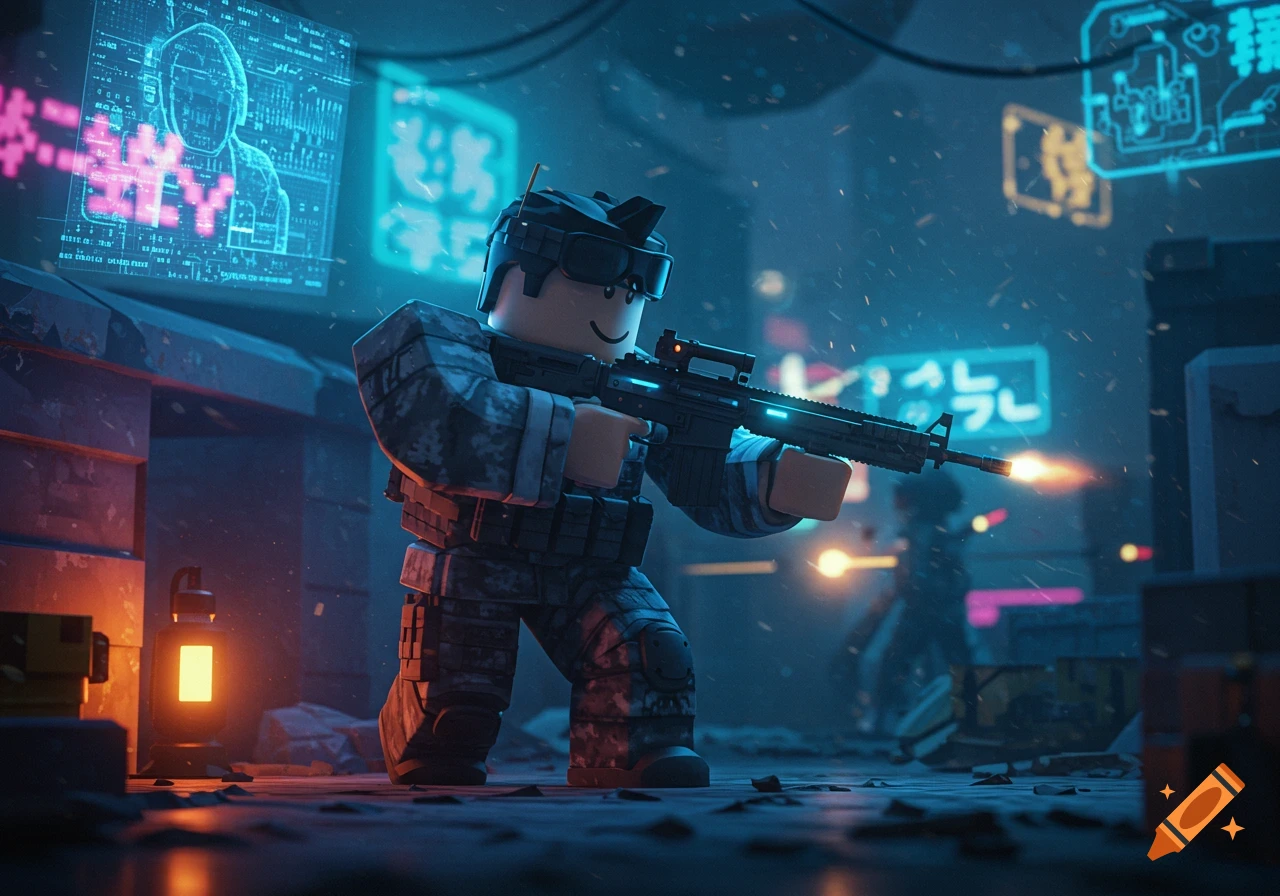 A Roblox-style character in military gear with a gun fires in a cyberpunk city street with neon signs.