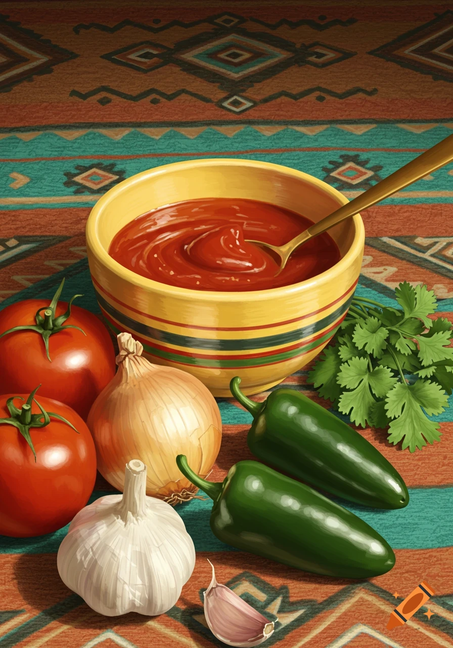 Still life of fresh ingredients for red sauce: tomatoes, onion, garlic, jalapenos, cilantro, around a yellow bowl.