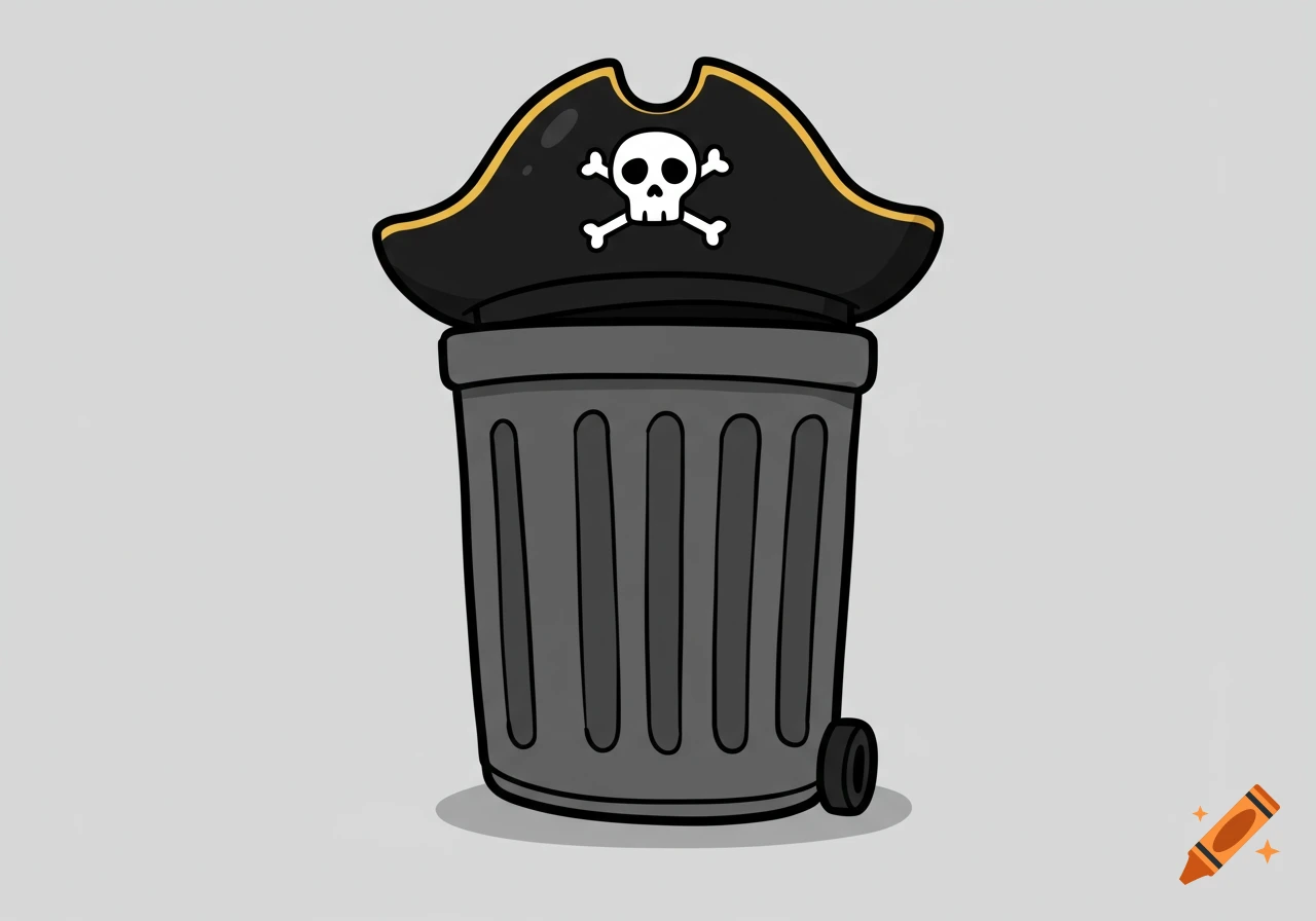 A cartoon trash can wearing a black pirate hat with a white skull and crossbones.