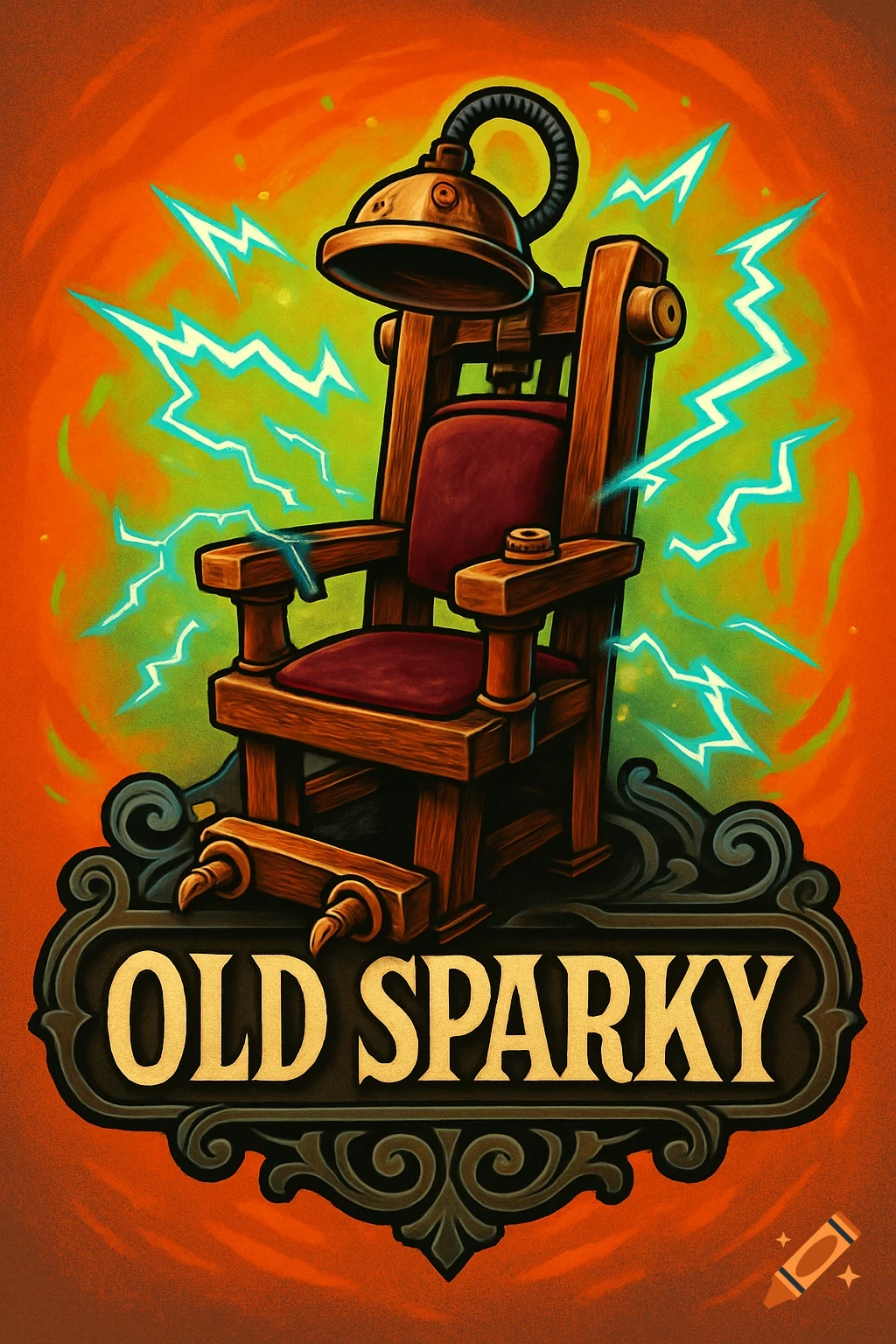 Stylized illustration of an electric chair with lightning on an orange background, with 'OLD SPARKY' text below.