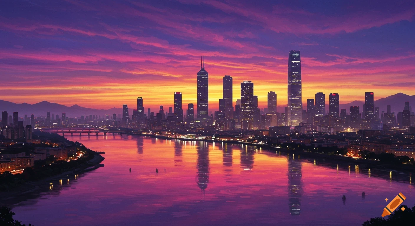A wide city skyline at sunset with a river reflecting the purple and orange sky, mountains in the distance.