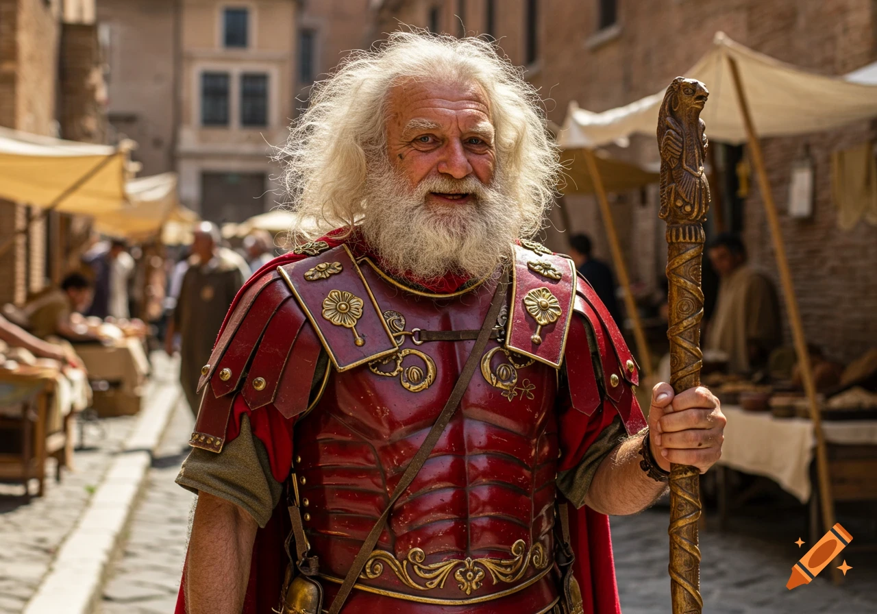 Smiling old man with long white hair and beard wearing red Roman armor and holding a carved staff in a bustling street.