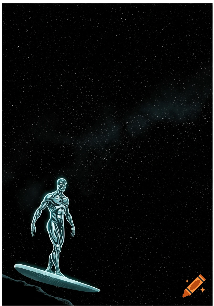 The Silver Surfer on his board, glowing metallic silver, floats in vast outer space with distant stars.
