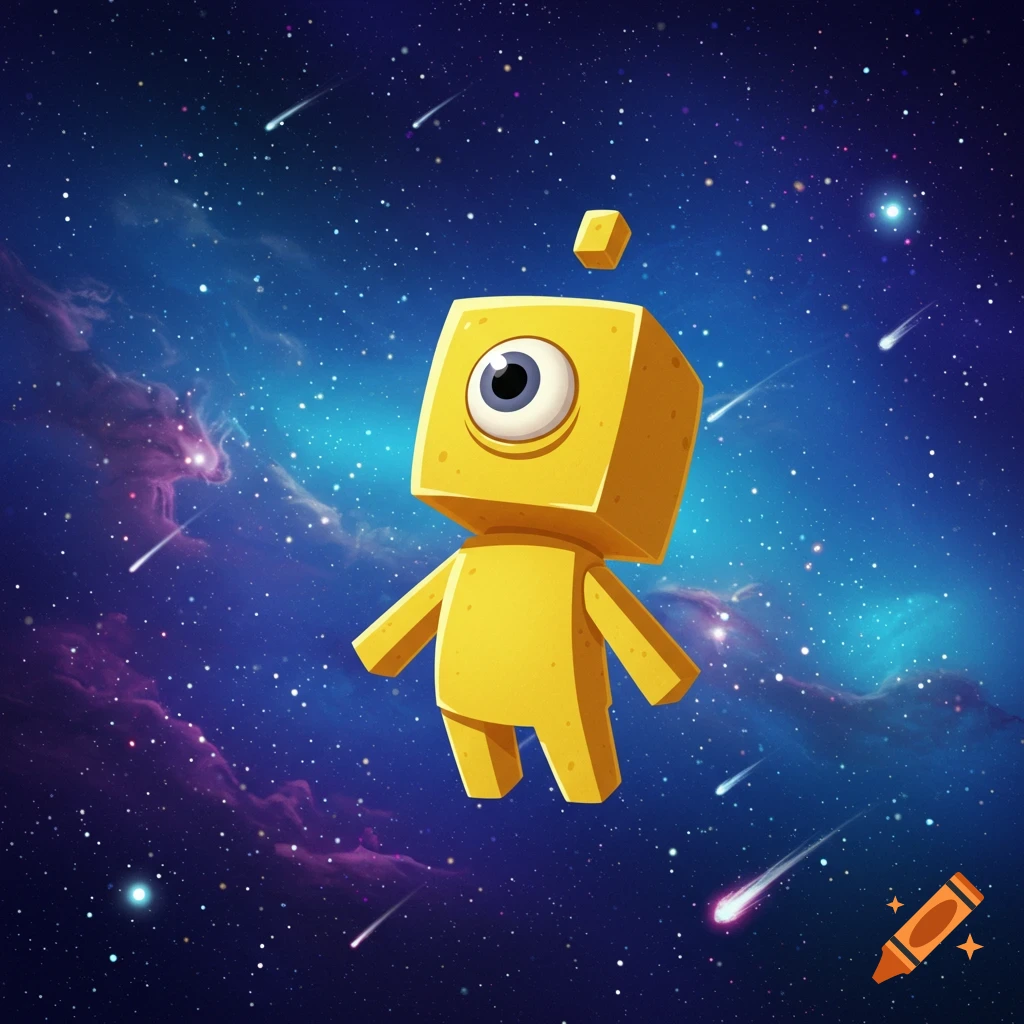 A yellow, blocky, one-eyed cartoon alien floats in deep space with colorful nebulae and shooting stars.