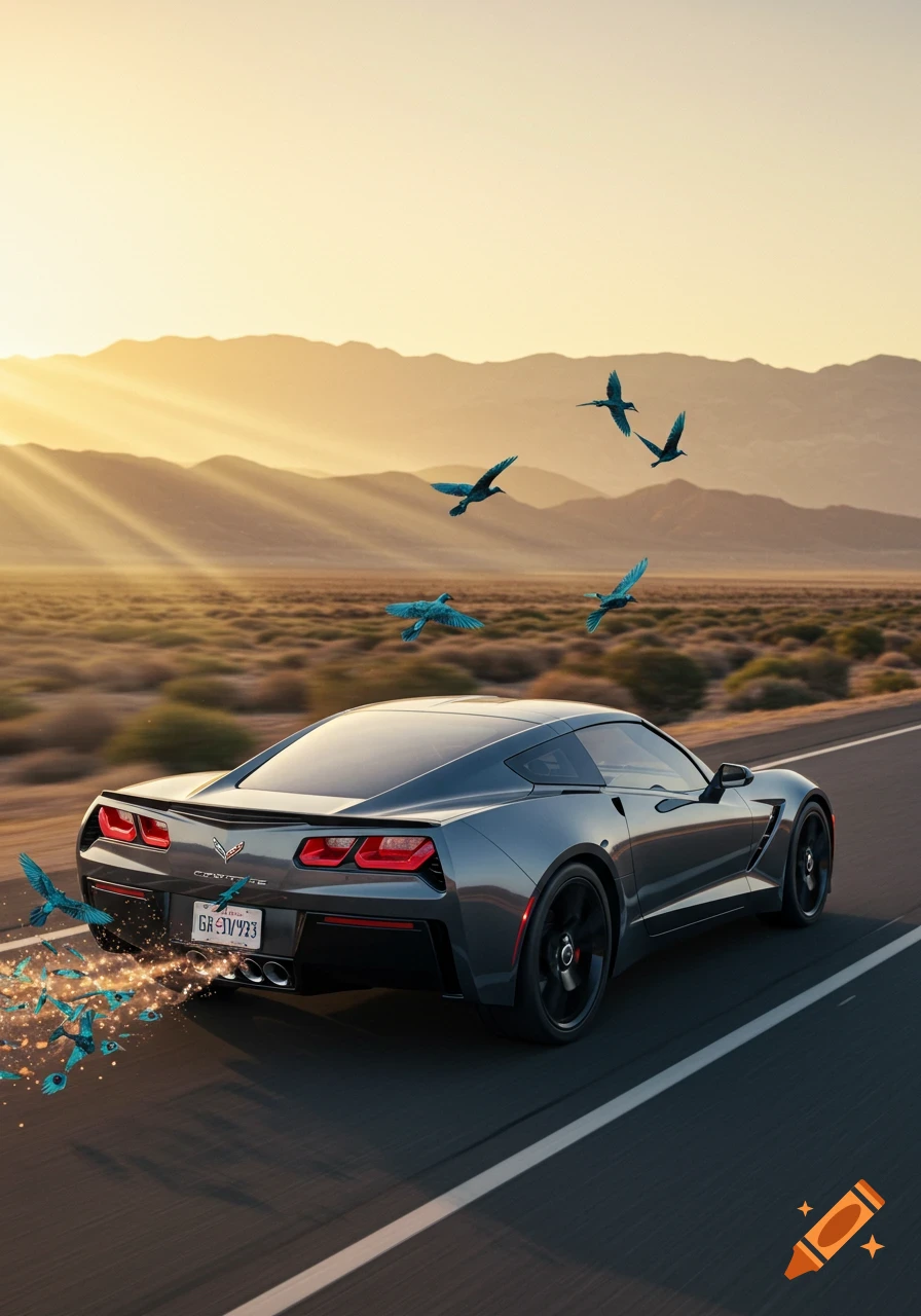 A dark gray Corvette on a desert road at sunset, with blue birds flying around it and emerging from its exhaust.