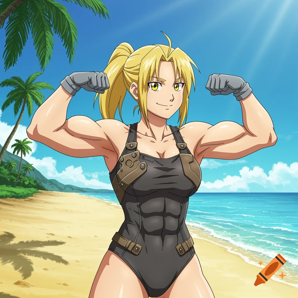 Anime woman with blonde ponytail and muscular arms flexing on a sunny beach, wearing a dark swimsuit.