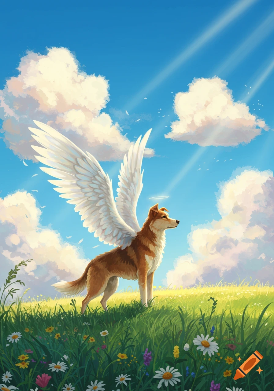 An angelic brown dog with large white wings and a halo stands in a vibrant green meadow filled with wildflowers under a blue sky with clouds.