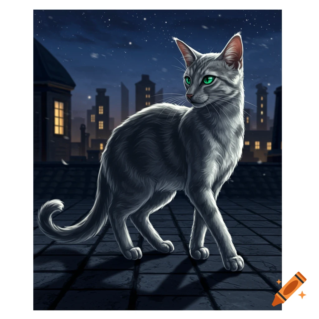A grey tabby cat with bright green eyes stands on a dark tiled city rooftop at night under a starry sky with illuminated buildings.