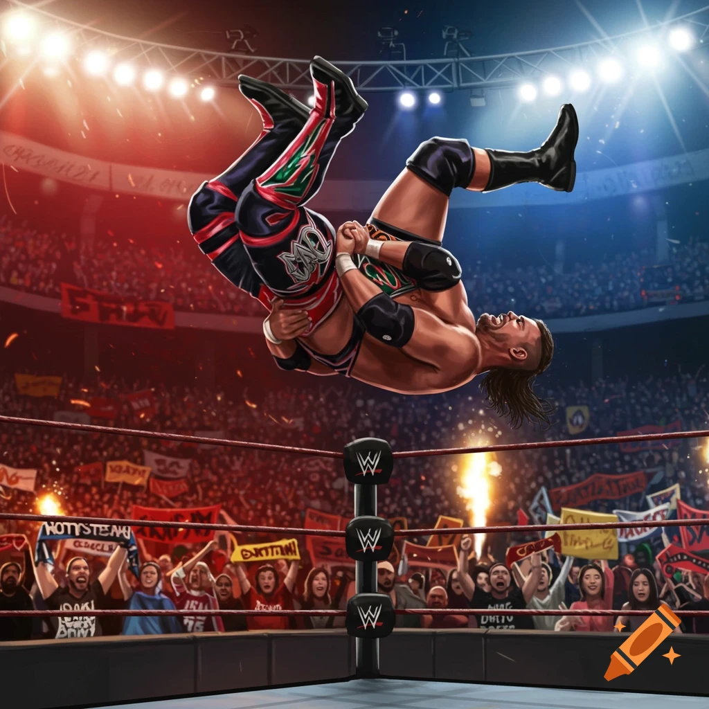 Two male wrestlers perform a dynamic move in a brightly lit arena filled with a cheering crowd, stylized illustration.