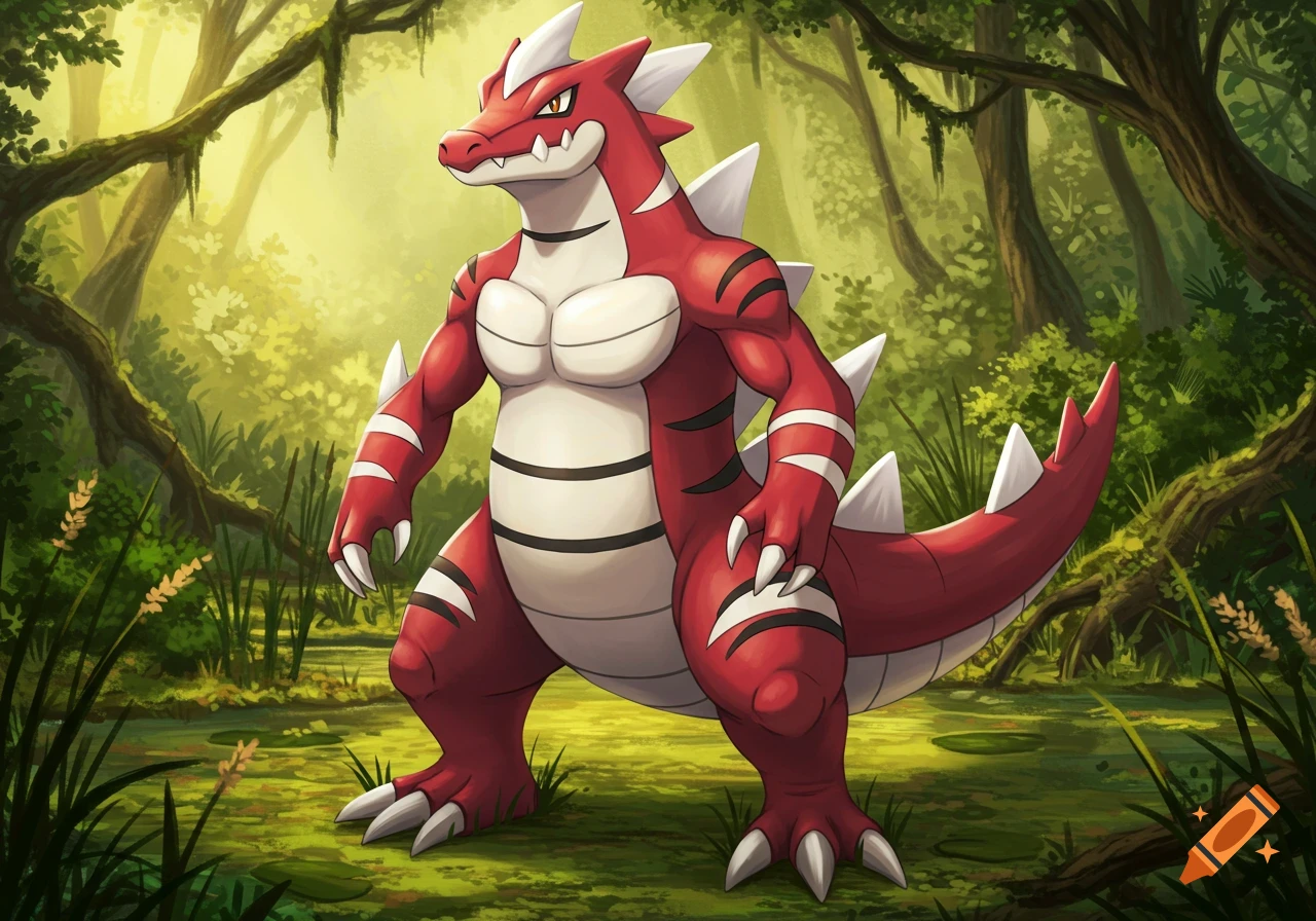 A large, red, crocodilian Pokémon with white belly stripes and spikes stands in a lush green jungle.