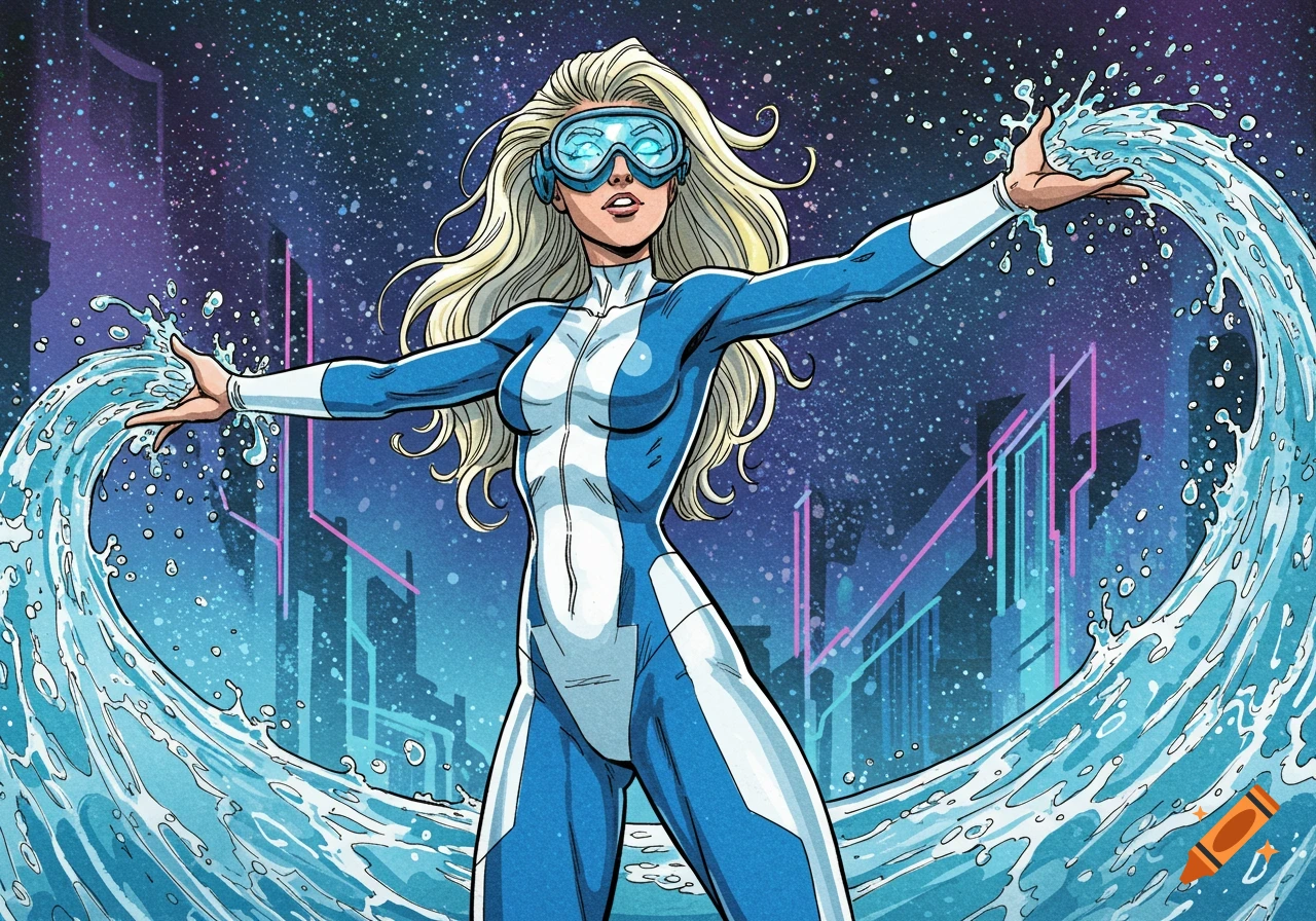 A blonde woman in a blue and white spandex suit and goggles, conjuring water in a comic book style against a futuristic city and starry sky.