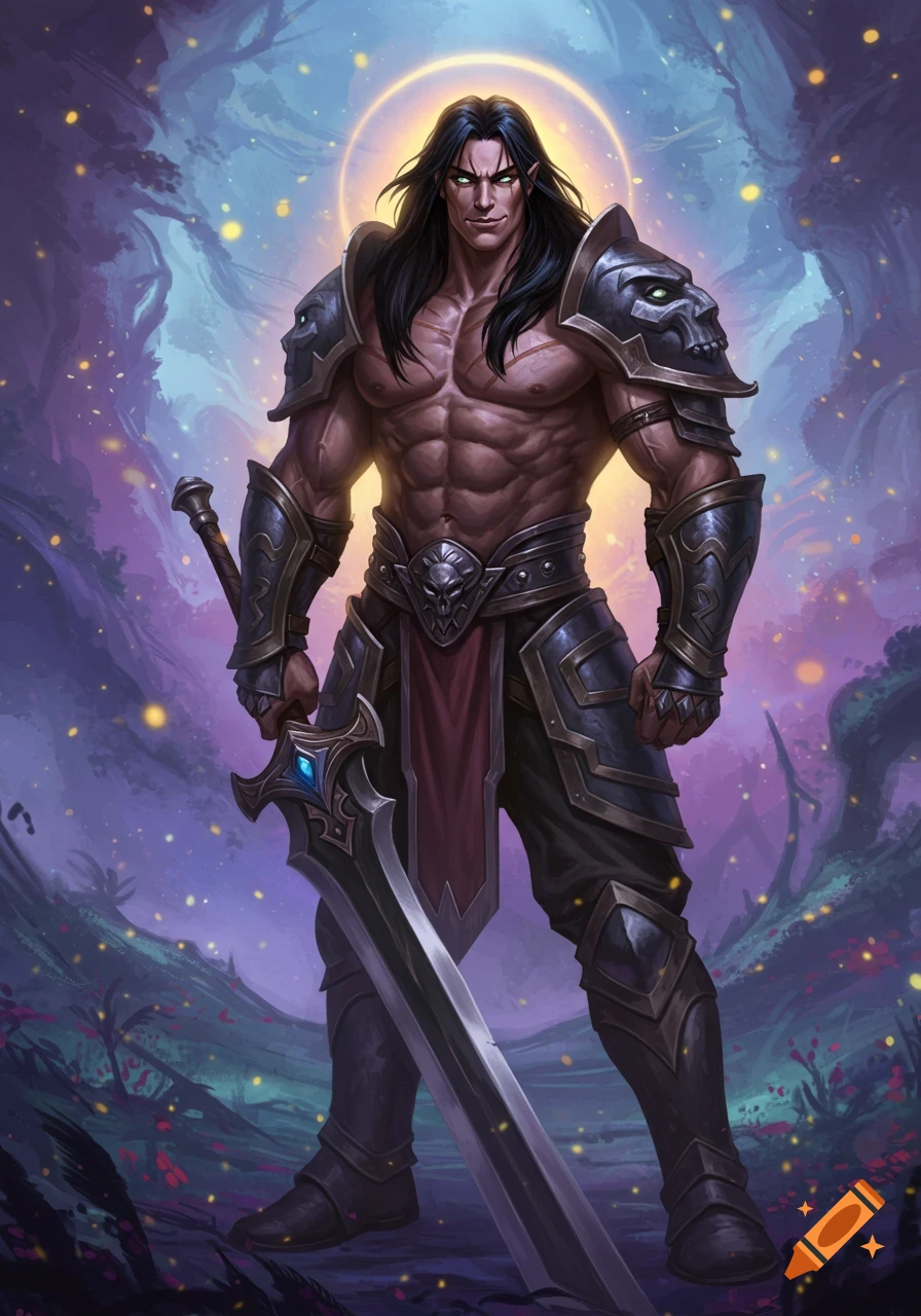 Muscular fantasy warrior with long black hair, glowing eyes, dark armor, and a great sword stands in a mystical forest.