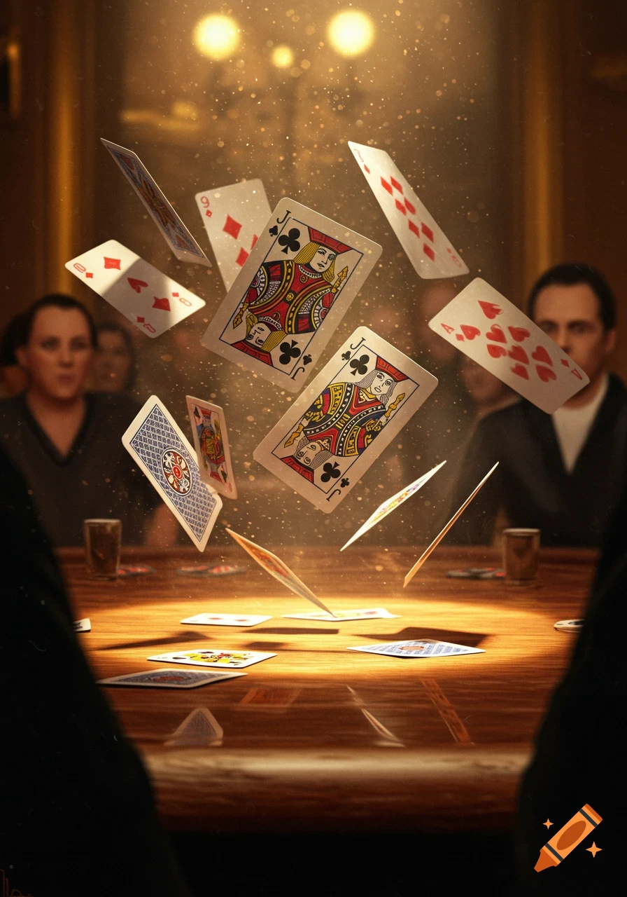 A dynamic, photorealistic shot of playing cards floating above a wooden table during a game, with blurred spectators in the background, under dramatic lighting.