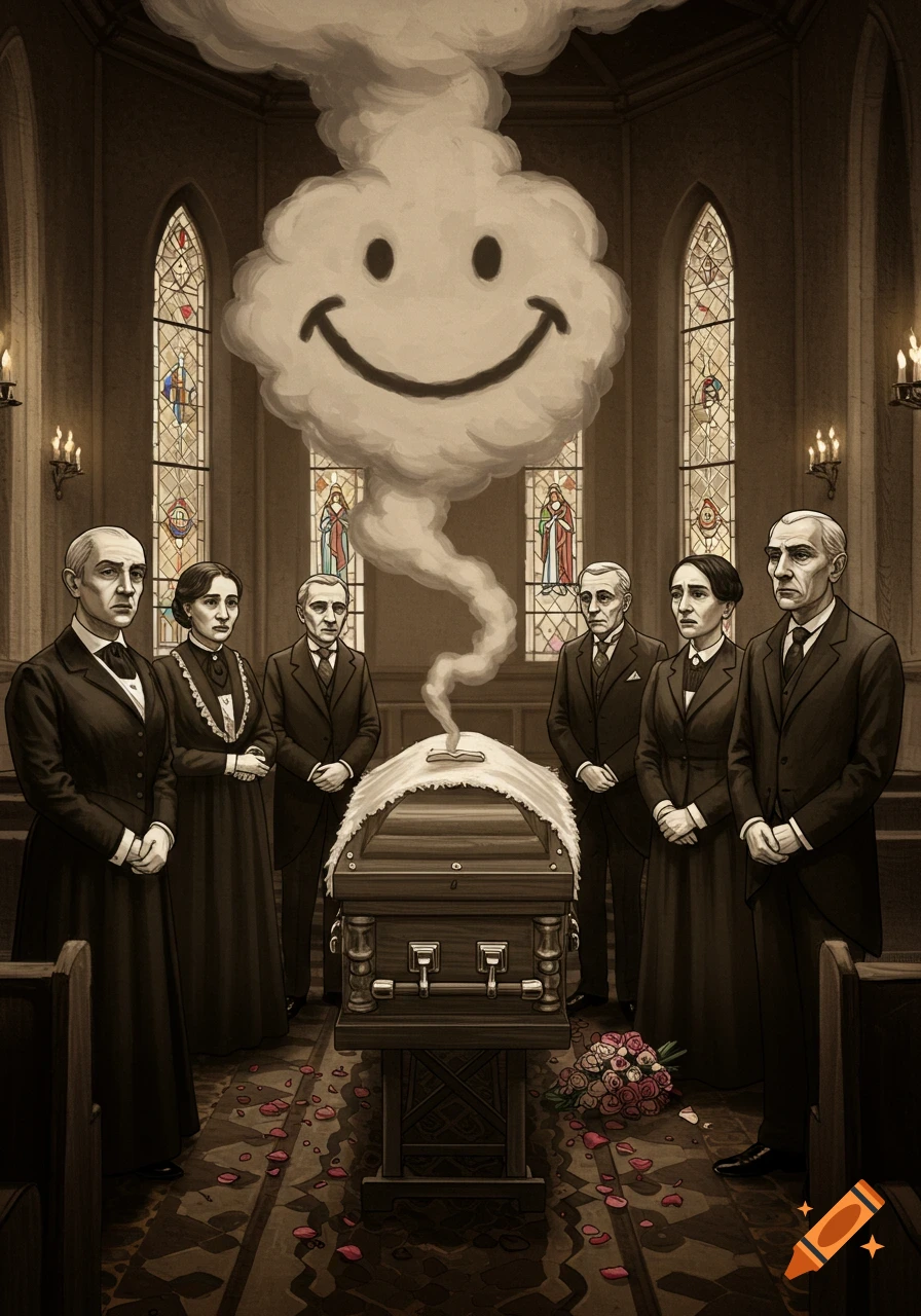 A surreal illustration of a funeral scene in a church, with mourners surrounding a coffin from which a large smoke cloud shaped like a smiley face rises.