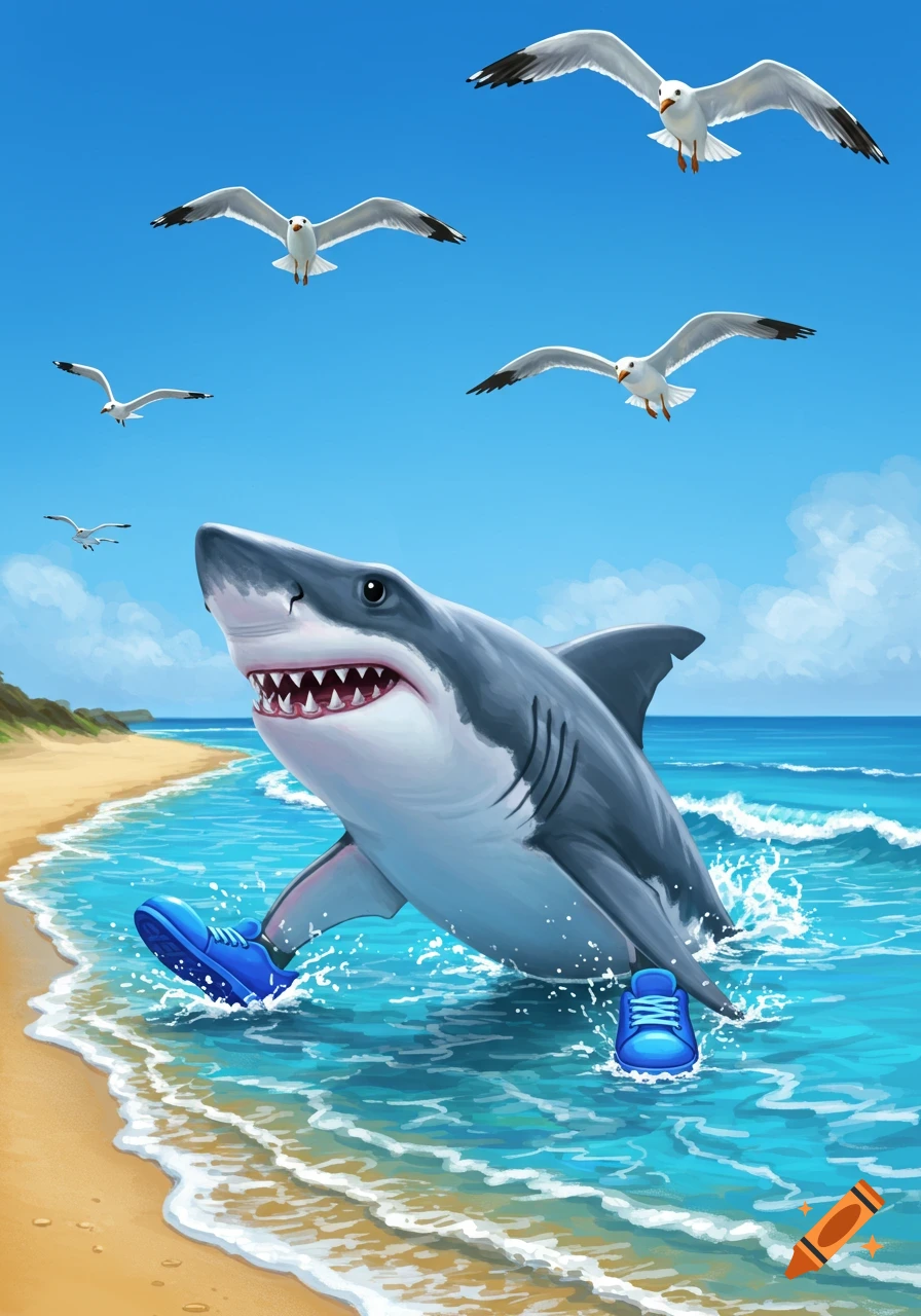 A cartoon shark in blue sneakers walks on a sunny beach, with seagulls flying above.