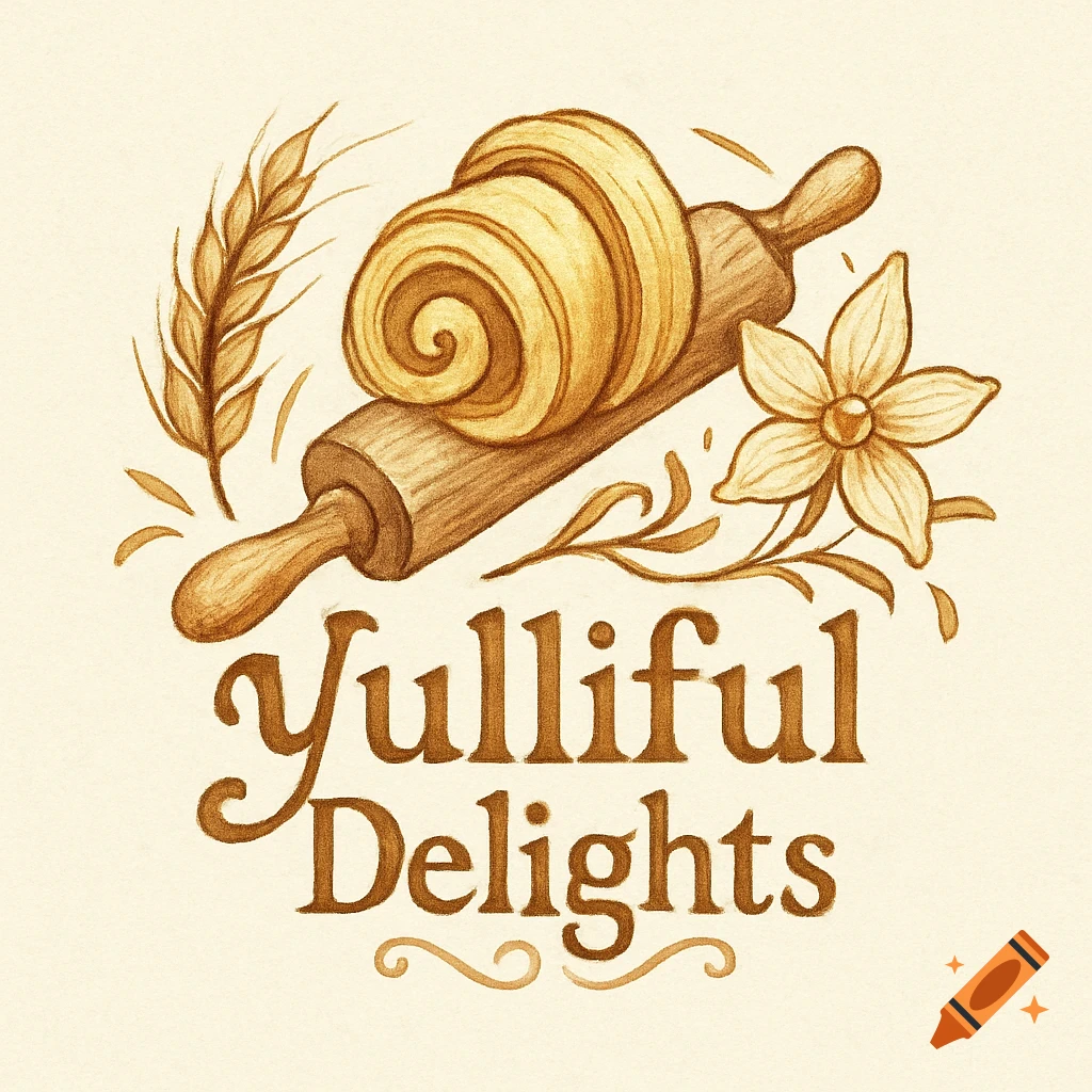 Illustrated baking logo featuring a croissant on a rolling pin, wheat, vanilla flower, and 'Yuliful Delights' text in sepia tones.