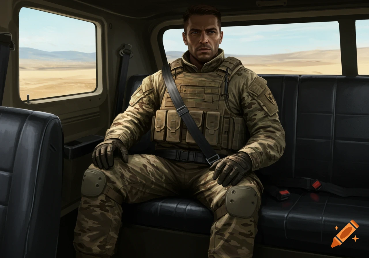 A photorealistic image of a soldier in desert camouflage uniform sitting in the back of a military vehicle with a seatbelt.