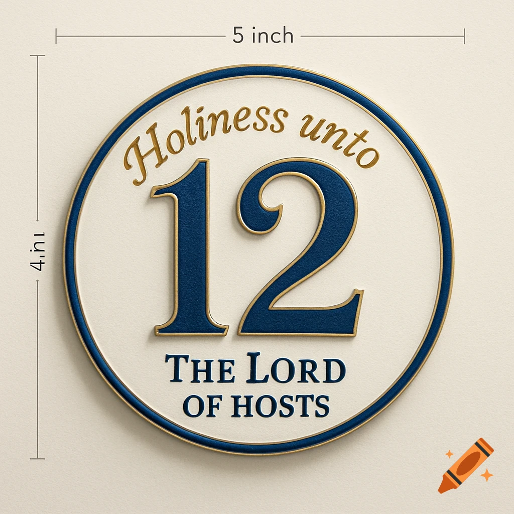 A circular white and blue emblem with a gold border, featuring the number 12 in large blue text. Above it, "Holiness unto" is written in gold script, and below it, "THE LORD OF HOSTS" is in blue capital letters.