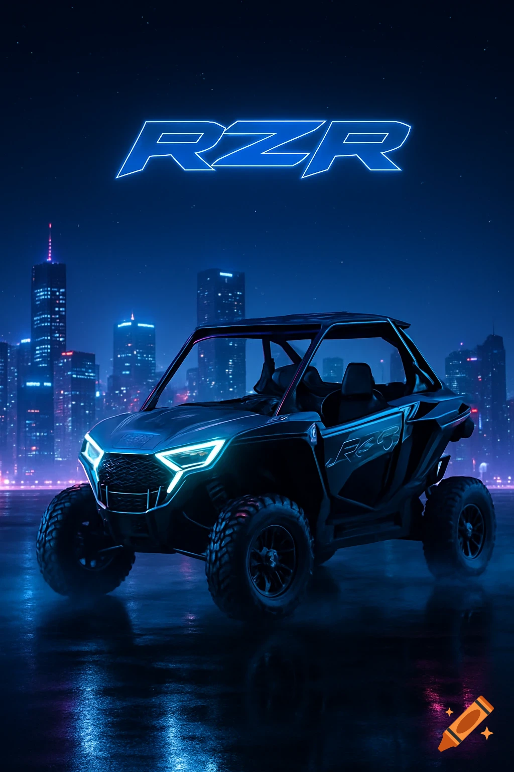 A futuristic off-road RZR vehicle with neon lights, parked on a wet surface with a glowing city skyline at night.