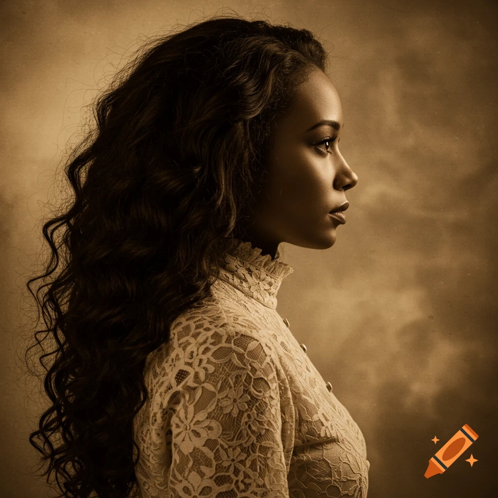 Vintage sepia tone profile portrait of a woman with long dark curly hair wearing a white lace high-neck blouse.