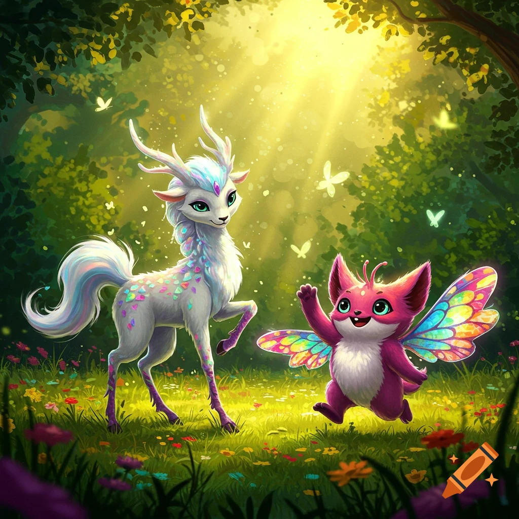 A white, deer-like fantasy creature and a pink, winged sprite-like creature in a sunny, magical forest with butterflies.