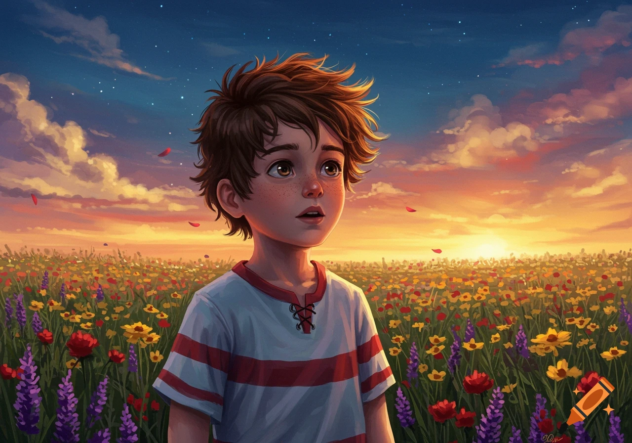 A wide-eyed boy with short brown hair stands in a field of colorful flowers under a vibrant sunset sky, digital illustration.