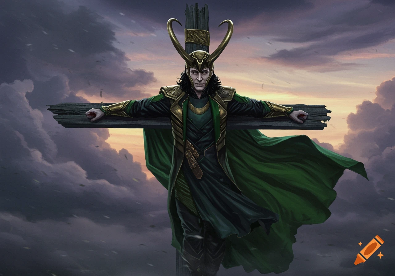 Loki, with horned helmet and green cape, is depicted crucified on a wooden cross against a dramatic sunset sky in an illustration.