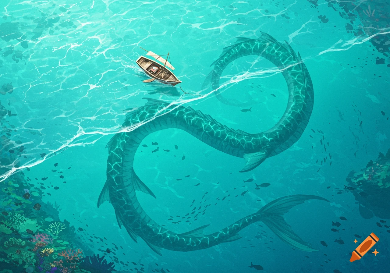 A birds-eye view of a long sea serpent with intricate scales swimming in a figure-eight pattern beneath a small wooden boat on clear turquoise water, with coral visible below.