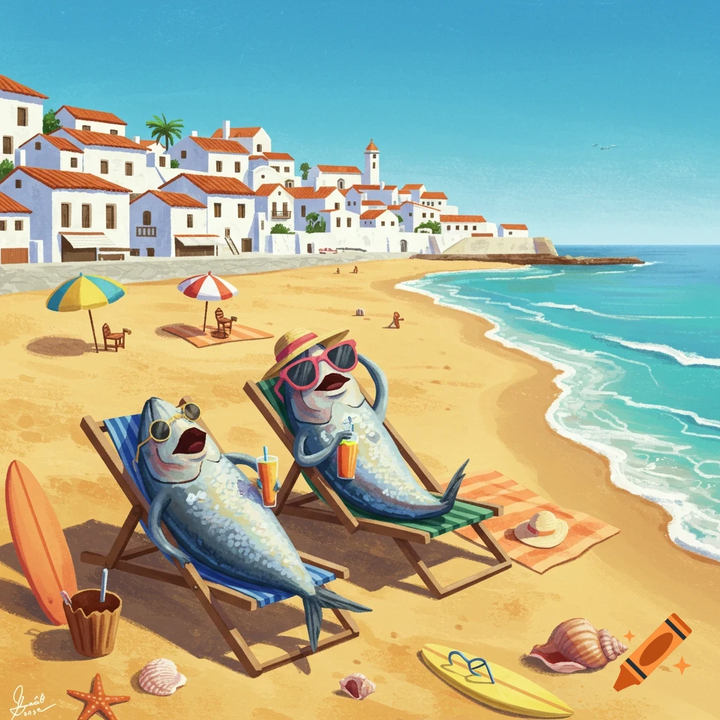 Two cartoon sardines in sunglasses lounge on beach chairs with drinks on a sunny beach, a white village in the background.